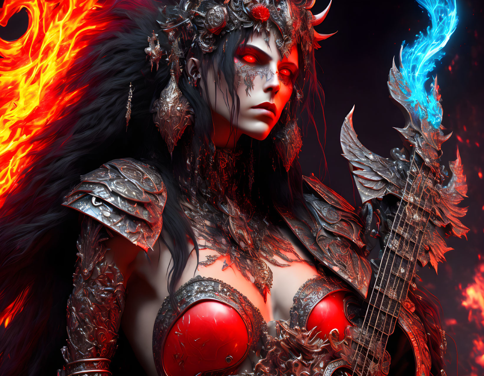 Female warrior with demonic features playing fiery guitar in ornate armor amid flames and blue fire