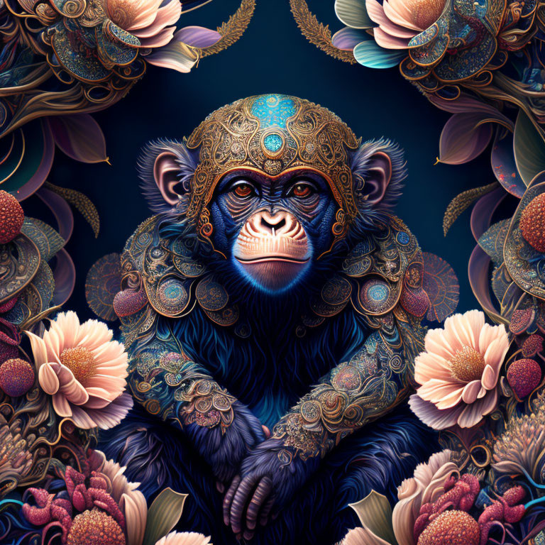 Ornate Patterned Chimpanzee in Floral Setting