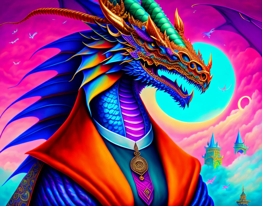 Colorful Dragon Illustration with Scales and Castle Sunset Theme