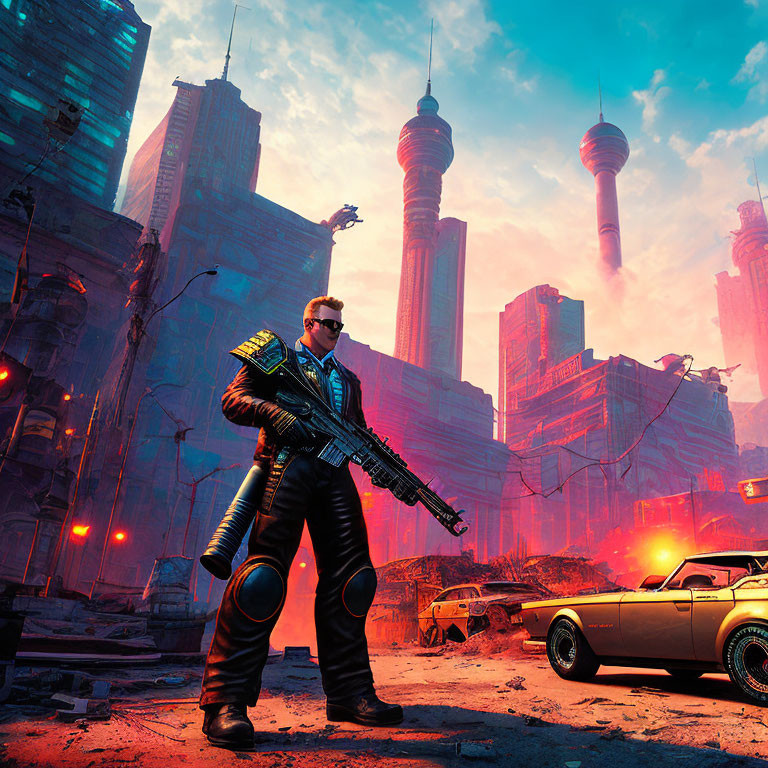 Futuristic man with weapon in front of vibrant cityscape