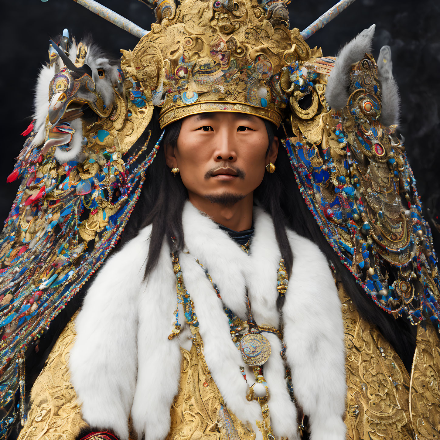 Elaborate Traditional Mongolian Armor with Gold Patterns and Feathers