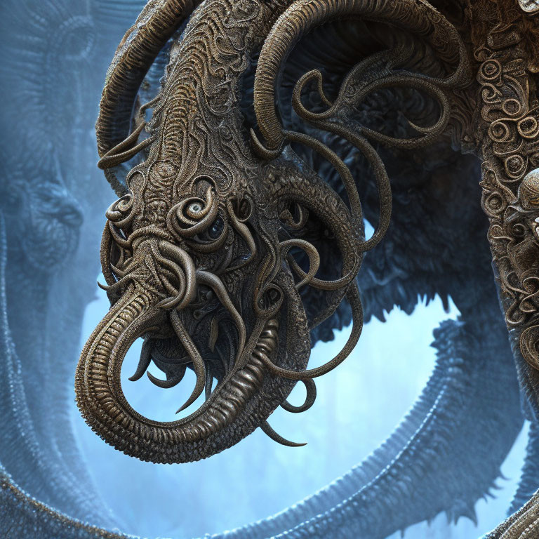 Detailed Tentacle Patterns Resembling Mythical Creature on Blue Background