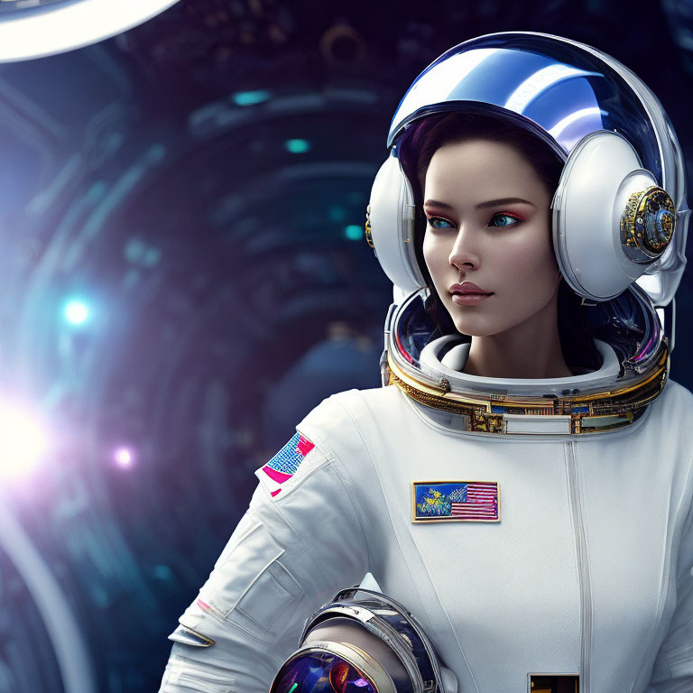 Futuristic astronaut woman in reflective helmet in high-tech space environment