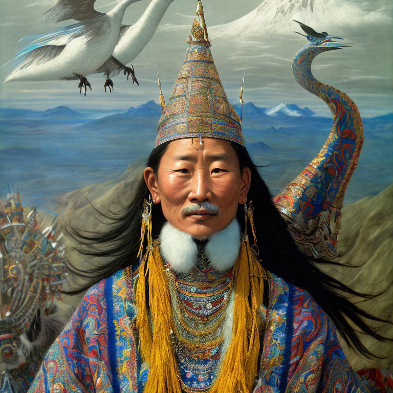 Traditional Mongolian Attire Portrait with Elaborate Headgear and Nature Background