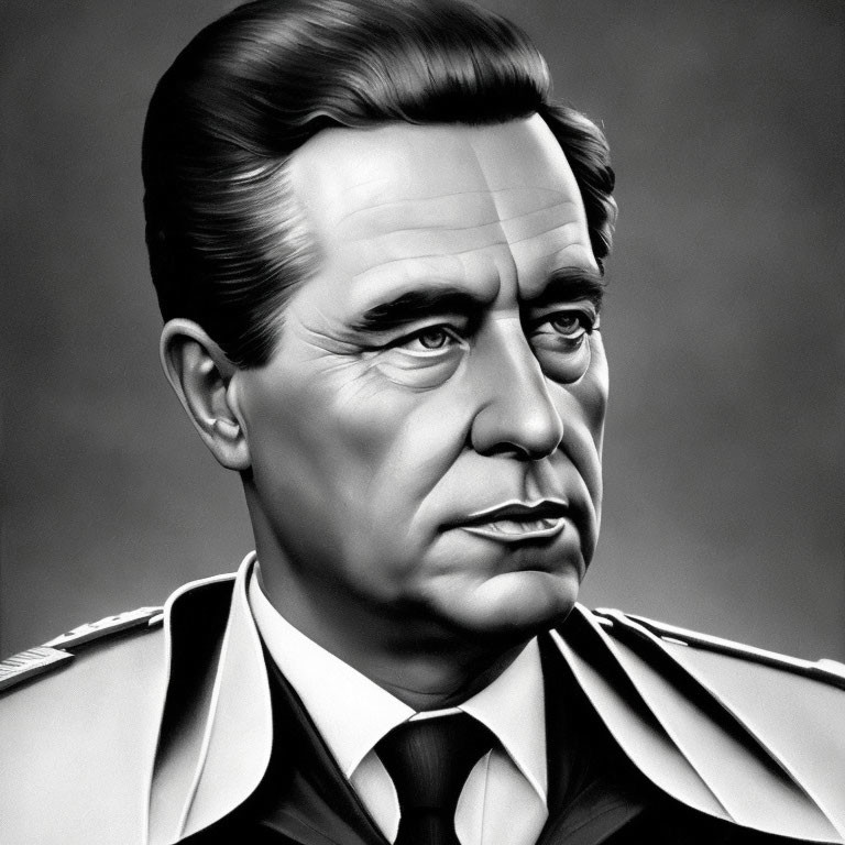 Monochrome portrait illustration of a stern man in military uniform