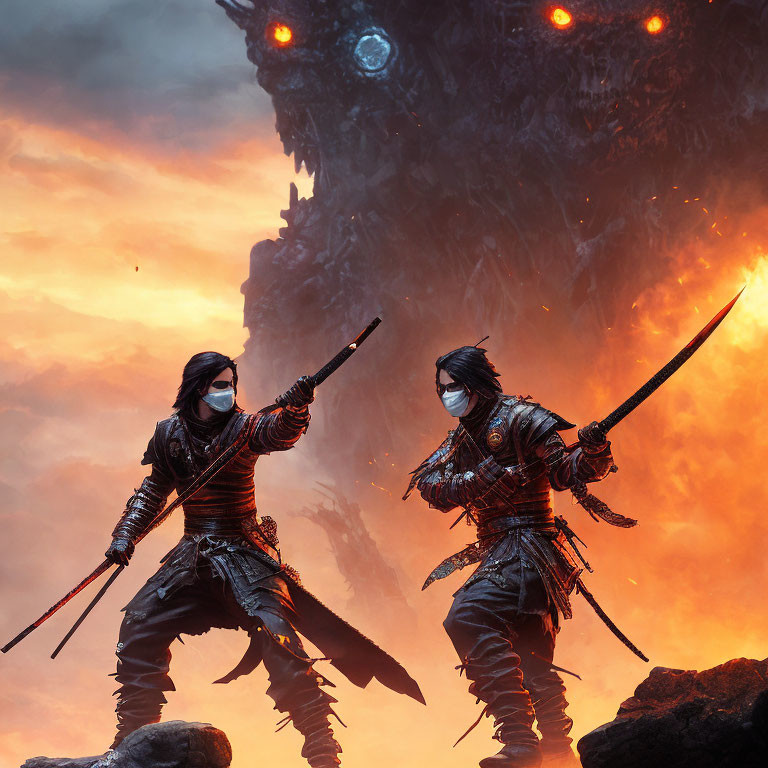 Warriors with swords face giant monster in fiery landscape