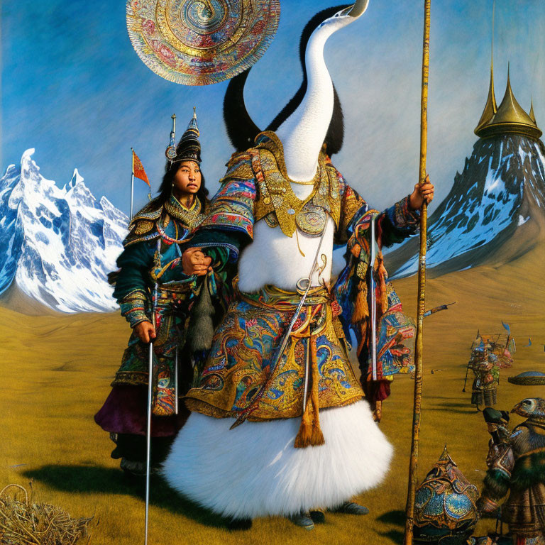 Two people in ornate armor riding a giant swan through a fantastical landscape.