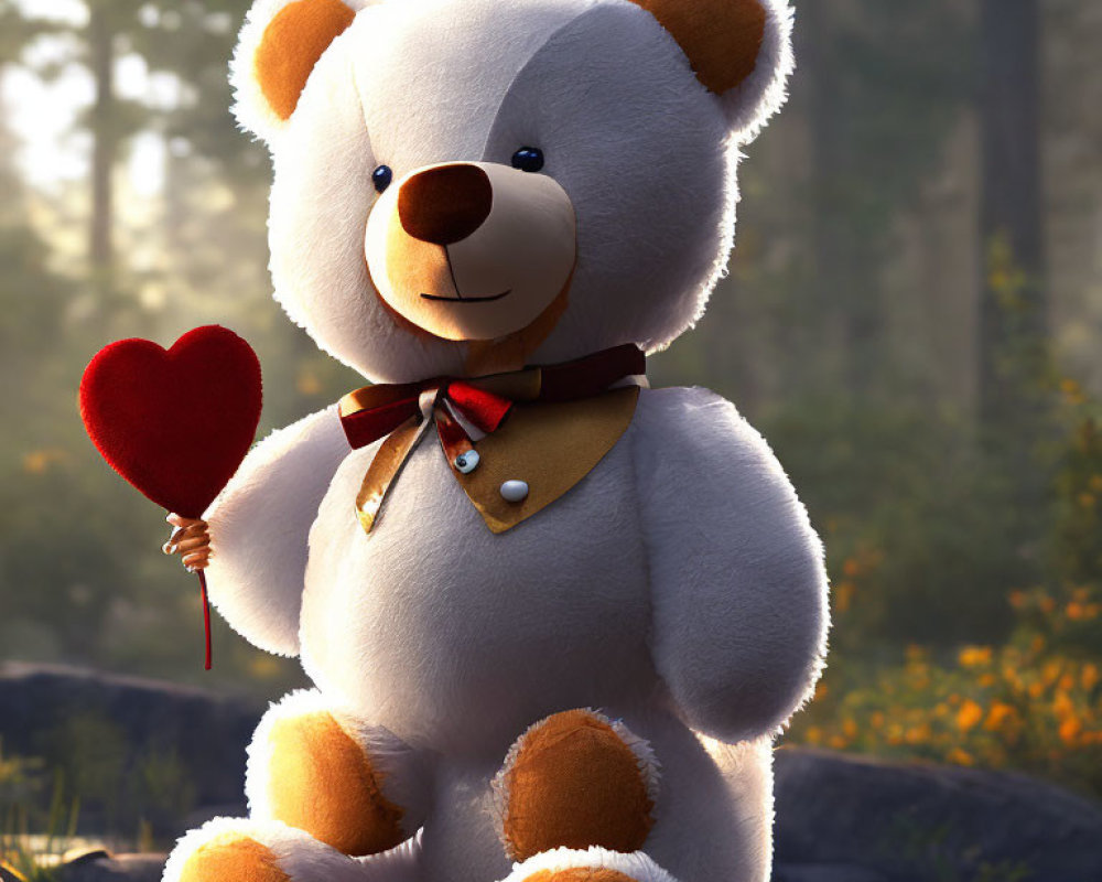 Plush Teddy Bear with Heart and Bow Tie in Golden Hour Forest