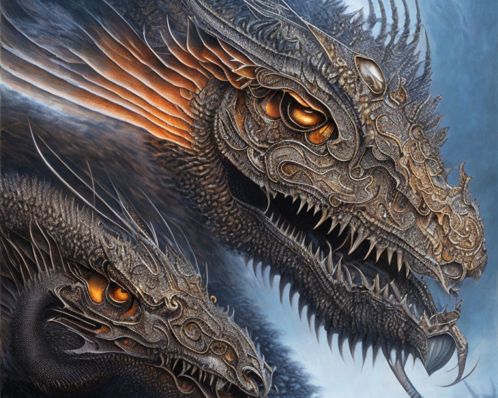 Detailed Dragons with Glowing Orange Eyes on Blue Background