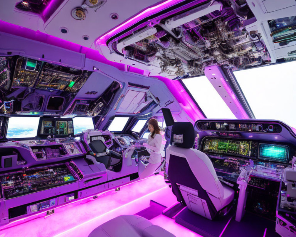 Futuristic spacecraft cockpit with purple ambient lighting and control panels