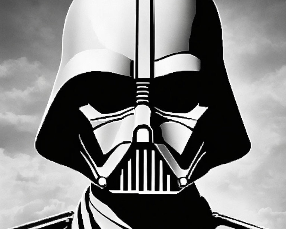 Monochrome Darth Vader helmet and mask on cloudy sky backdrop