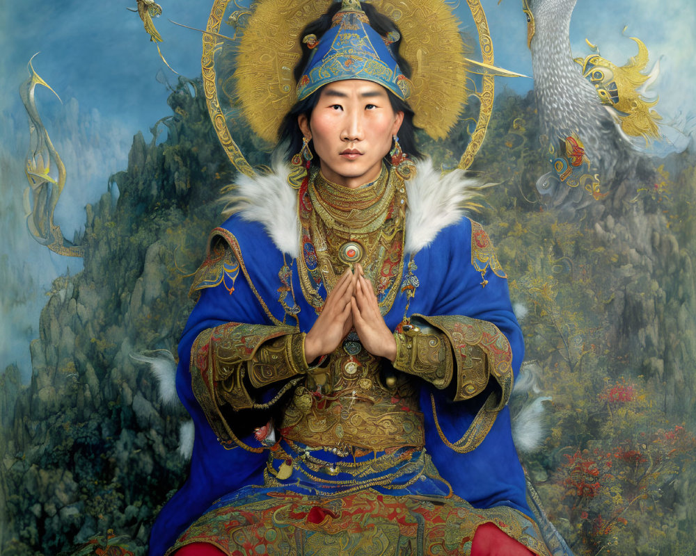 Traditional Tibetan Attire with Elaborate Headdress and Jewelry Against Mythical Background