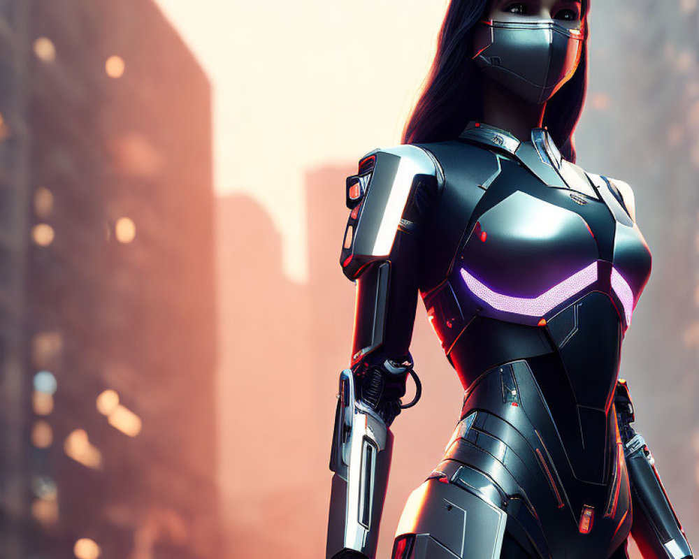Sleek Black Armor Female Robot in Purple Lighting at Urban Sunset