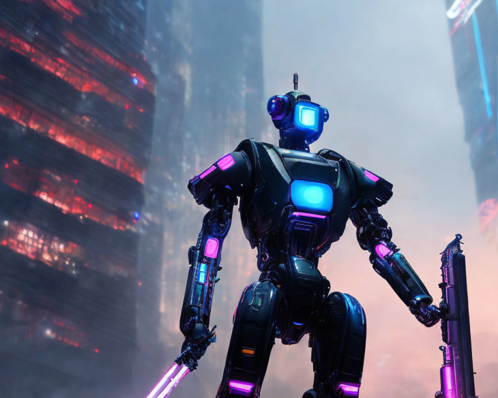 Futuristic robot with blue lights in misty cityscape
