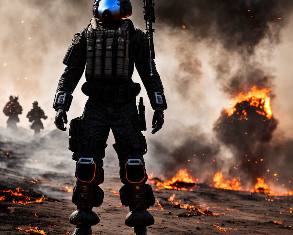 Futuristic soldier in armor on fiery battlefield