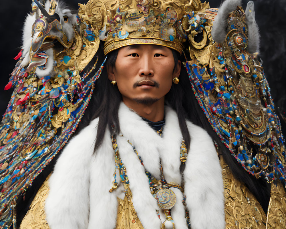 Elaborate Traditional Mongolian Armor with Gold Patterns and Feathers