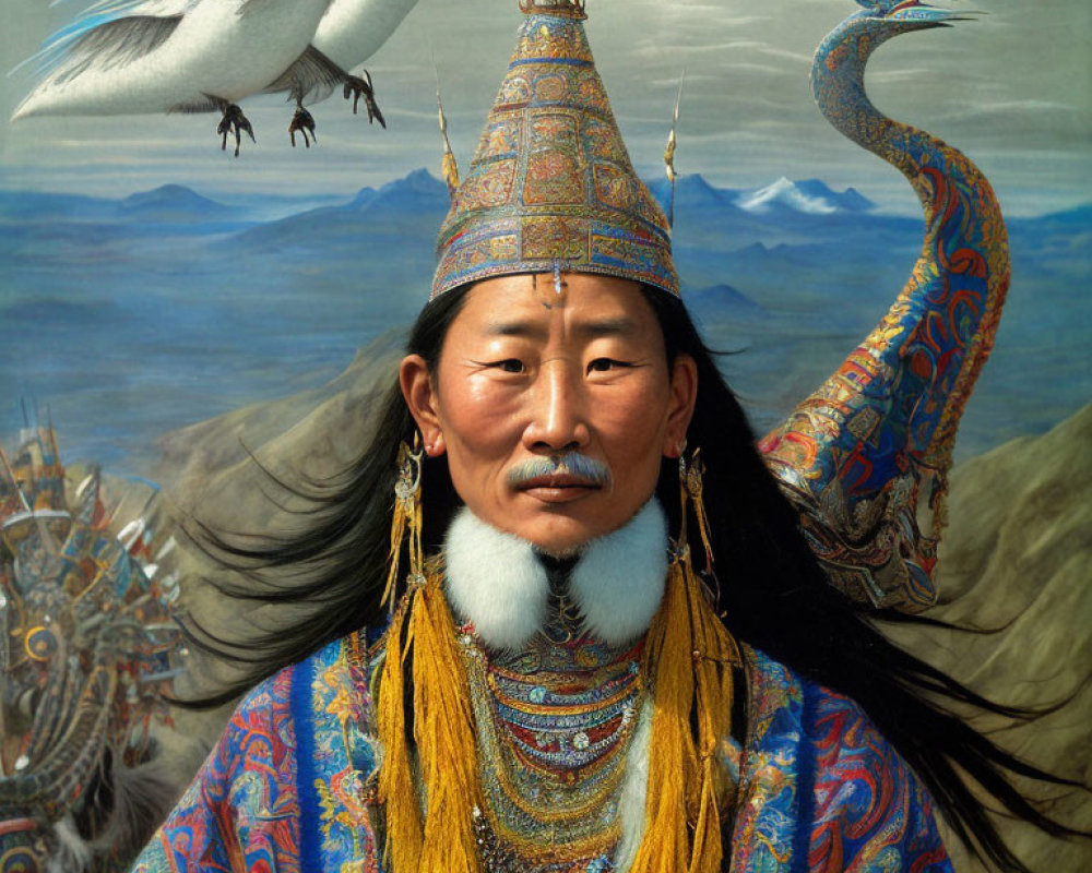 Traditional Mongolian Attire Portrait with Elaborate Headgear and Nature Background