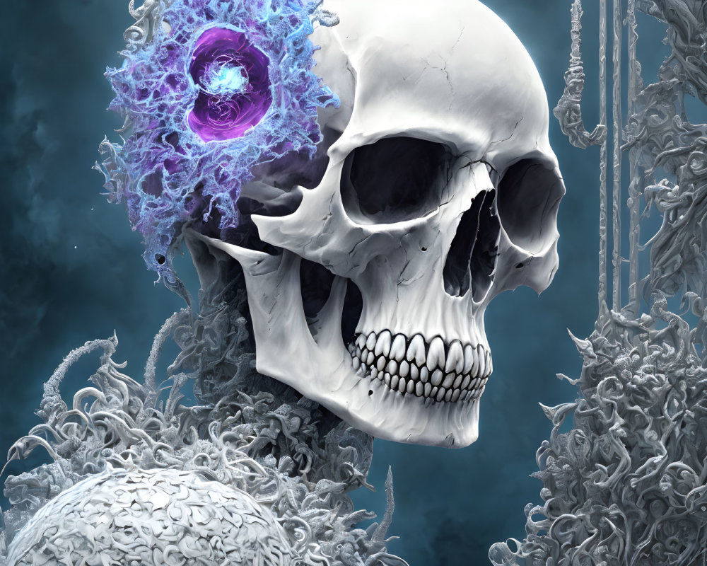 Detailed Skull with Glowing Purple Eye Socket and Fractal Patterns on Blue Background