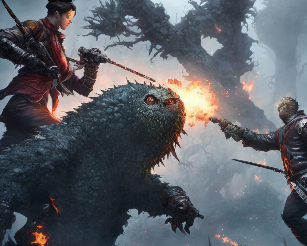 Fantastical battle scene: woman and man fight giant lizard in dark, smoky setting