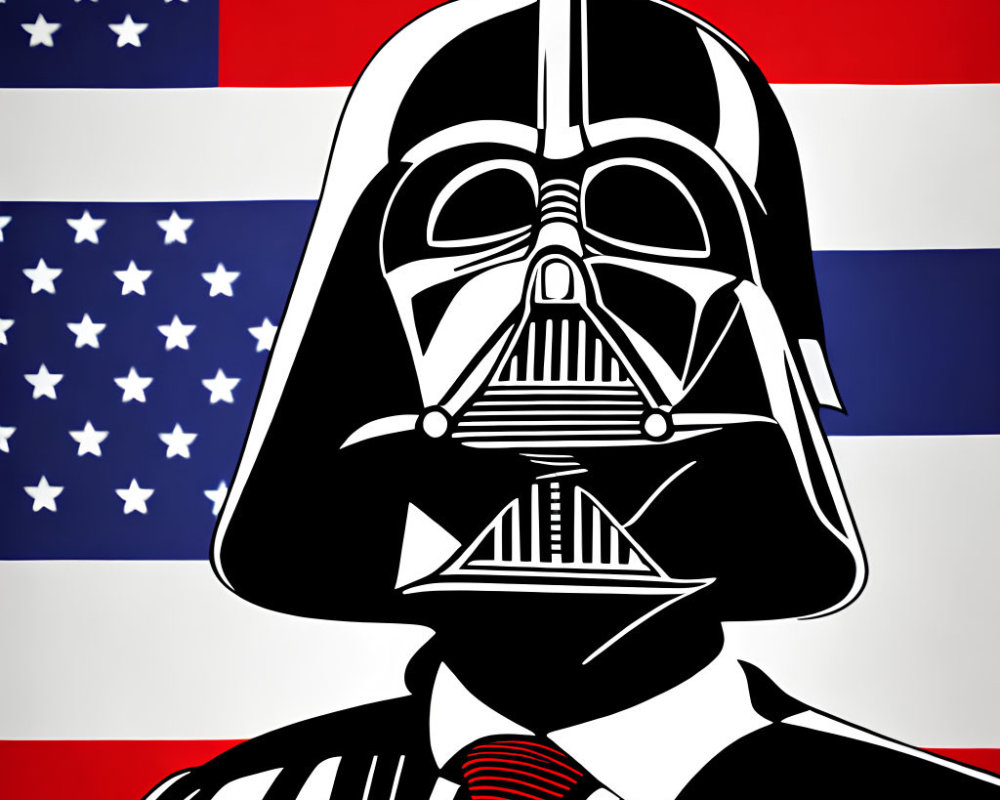 Darth Vader in suit with striped tie on American flag backdrop