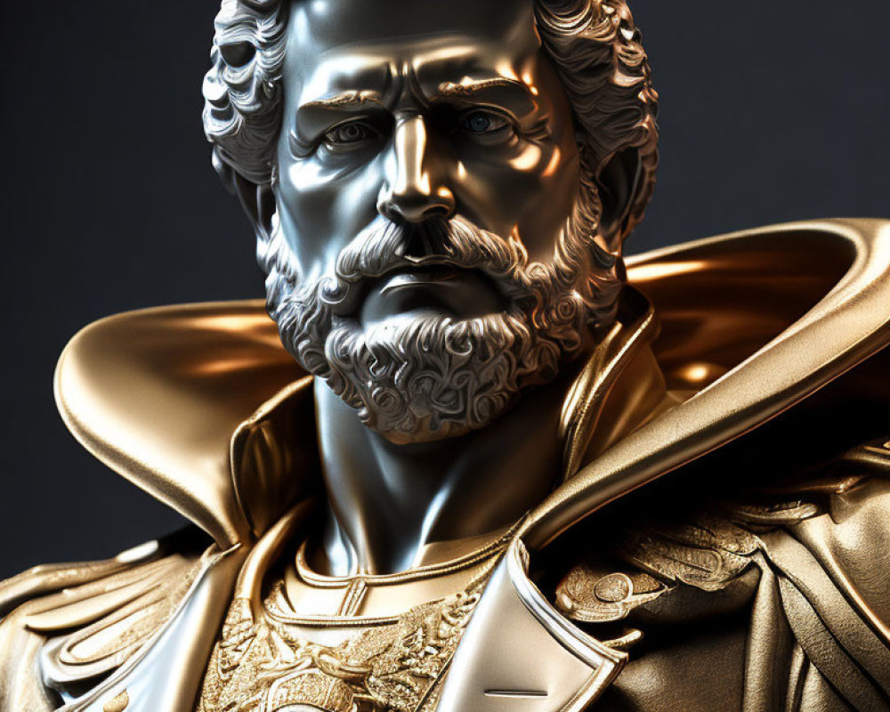 Metallic bust of regal man with beard in military uniform - intricate detailing