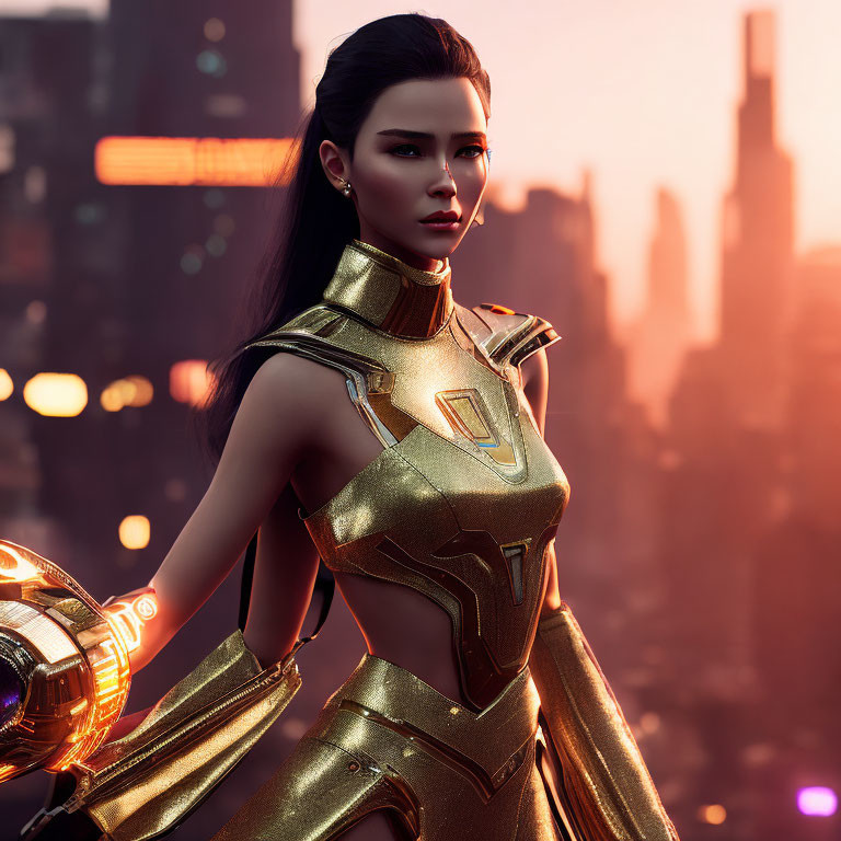 Futuristic golden armor on woman with black hair in 3D render