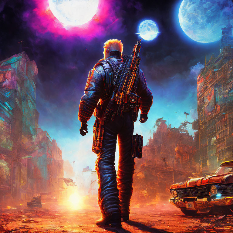 Futuristic soldier with advanced weaponry in dystopian cityscape under two celestial bodies