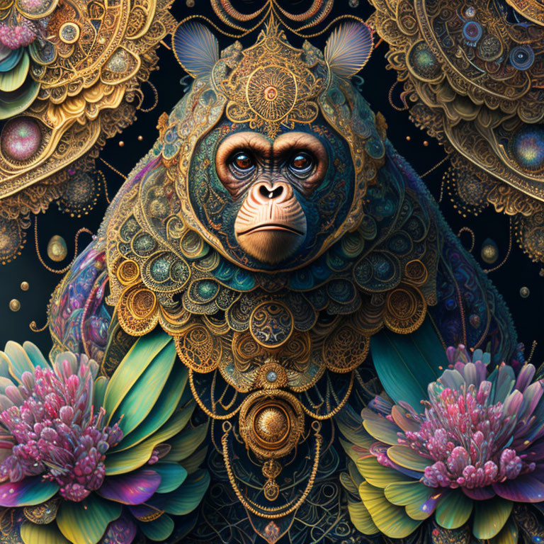 Detailed ornate monkey illustration with intricate patterns and vibrant flowers on dark background