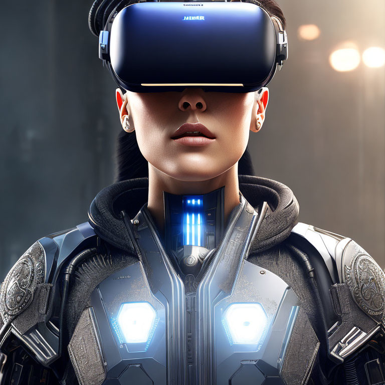 Futuristic armored person in VR headset with blue lights