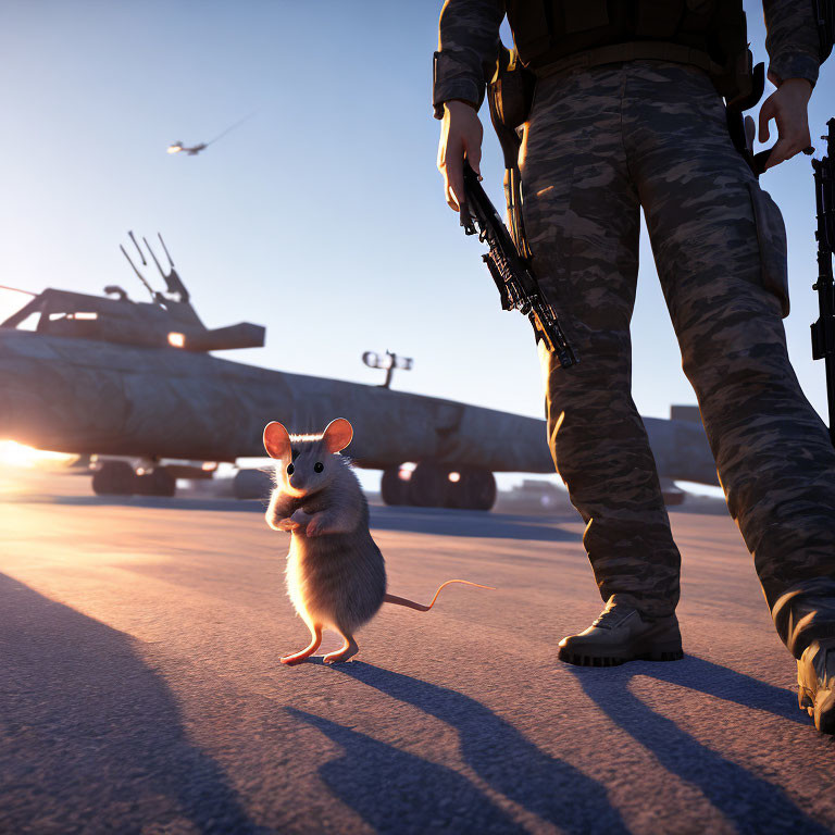 Mouse on runway faces soldier, tank, and helicopter at dusk.