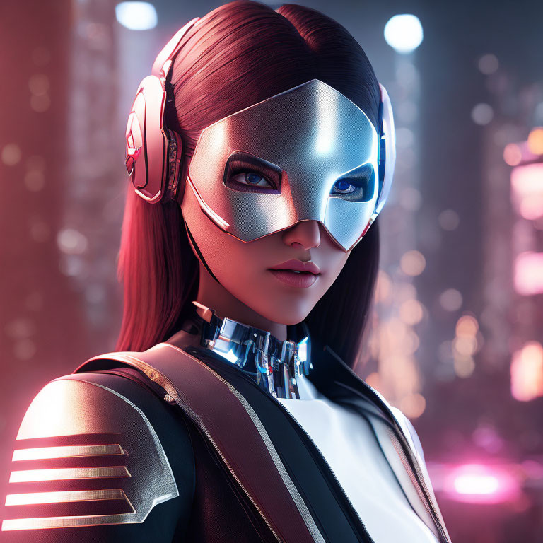 Futuristic silver mask and headset in neon-lit city
