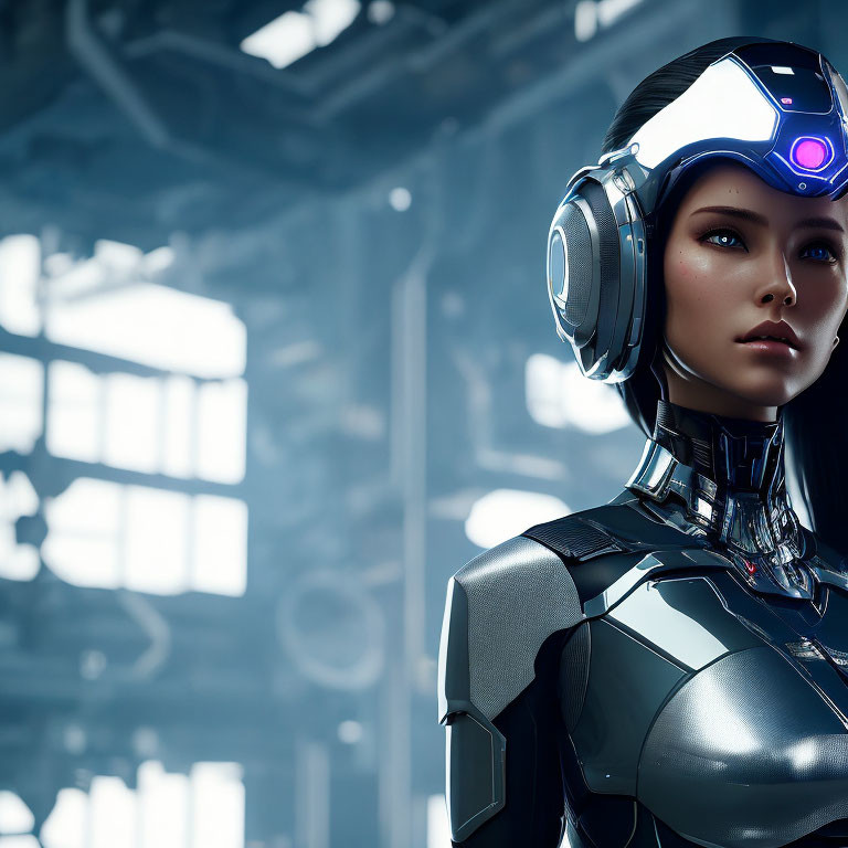 Futuristic female humanoid robot with blue visor in high-tech facility