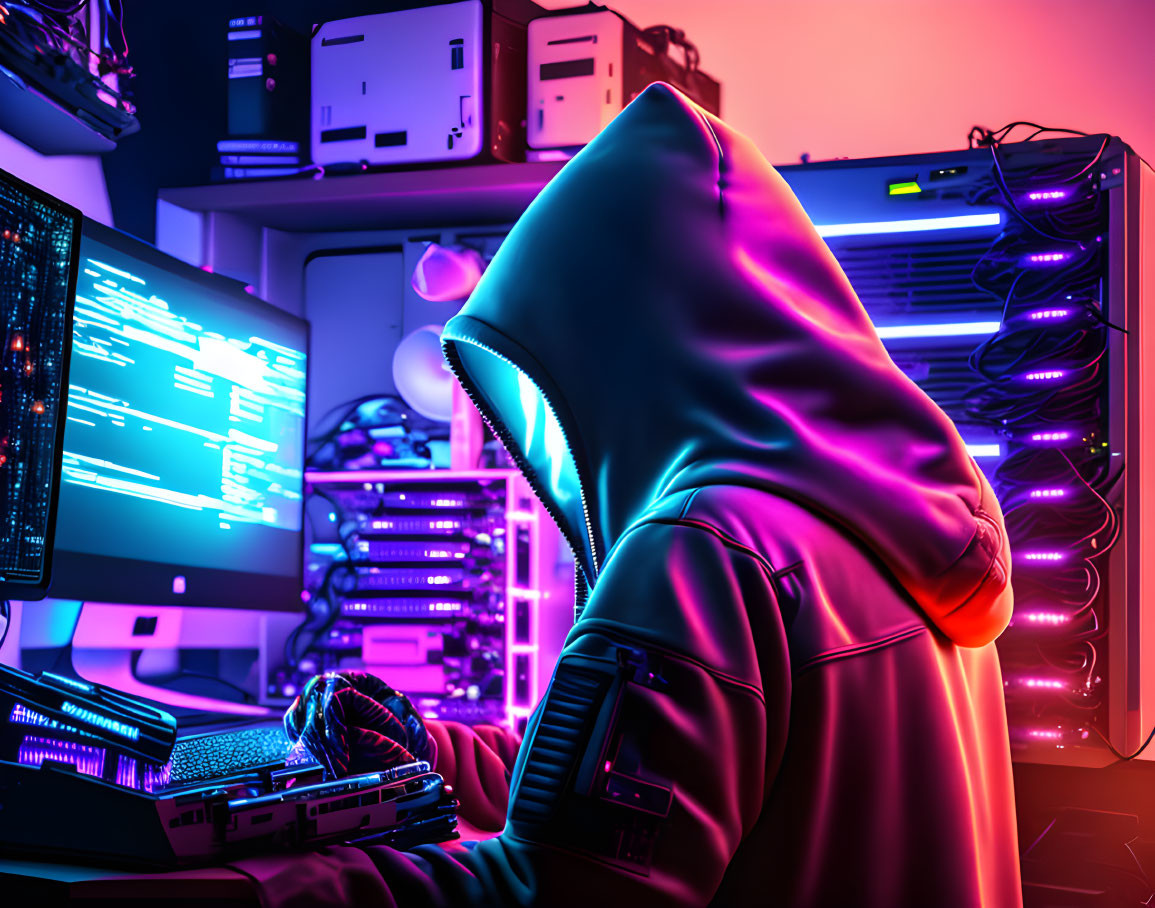 Hooded figure typing on keyboard surrounded by neon lights