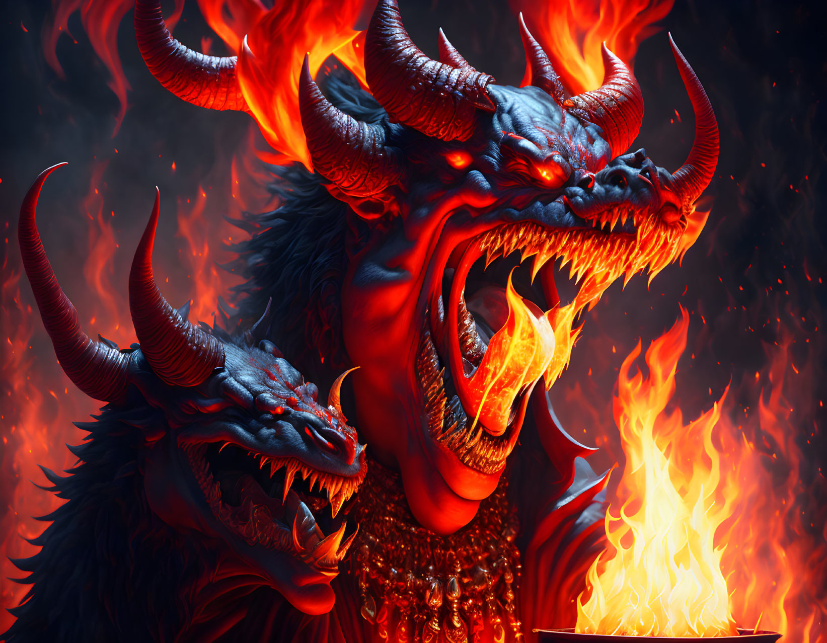 Glowing-eyed dragons breathing fire in dramatic fantasy scene