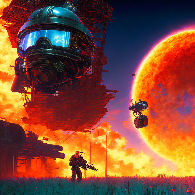 Futuristic sci-fi scene with astronaut, sun, robots, and weapons