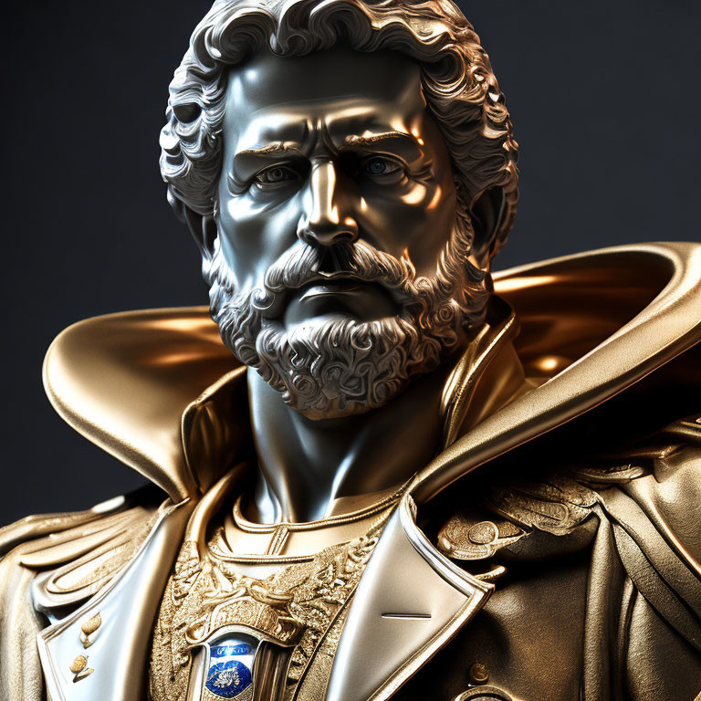 Metallic bust of regal man with beard in military uniform - intricate detailing