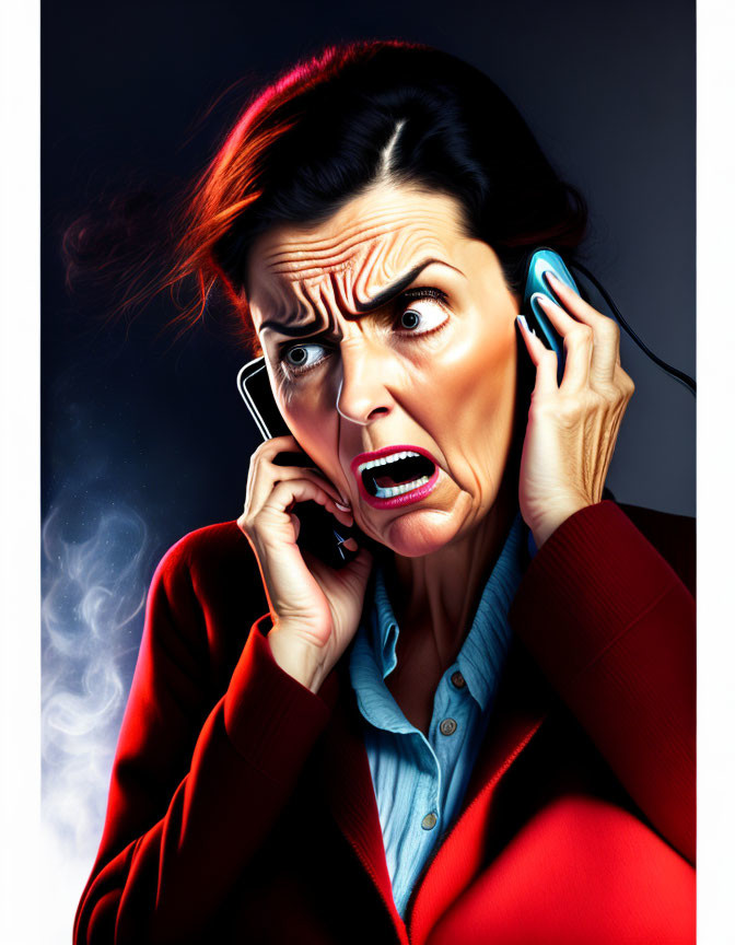 Illustration of shocked woman with smoking phone on dark background