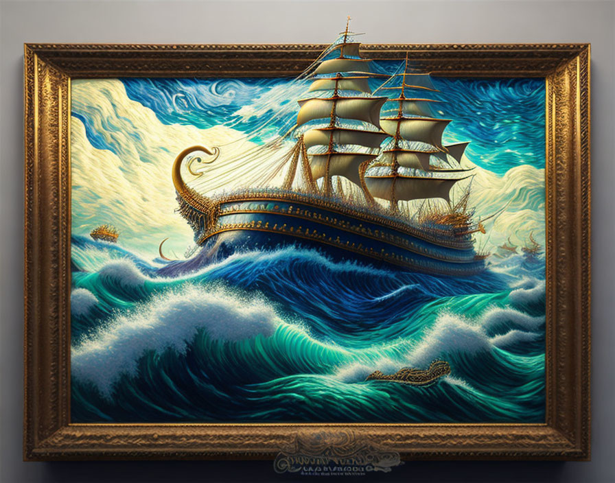 Colorful Painting of Large Sailing Ship on Turbulent Waves in Golden Frame