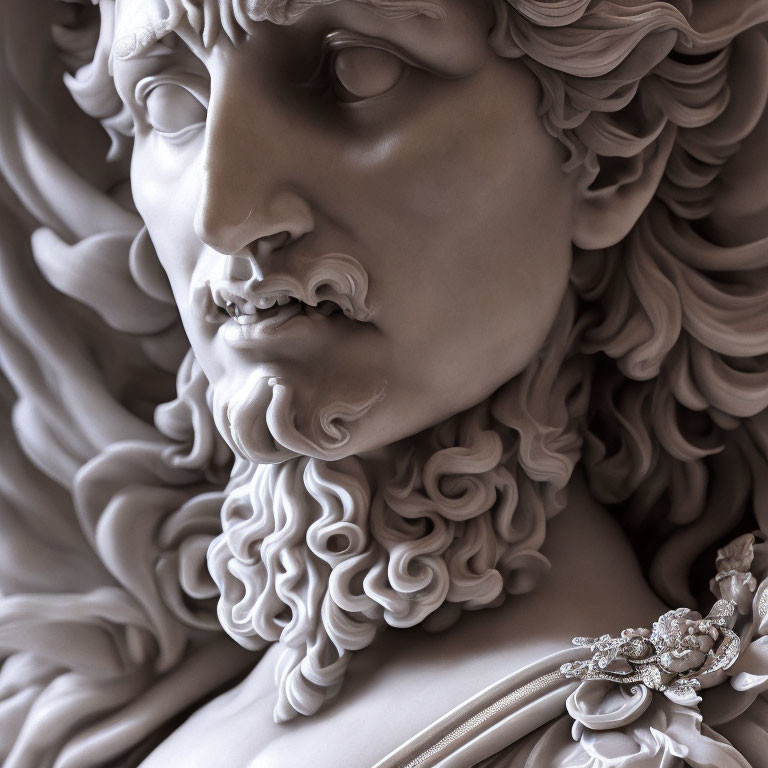 Detailed sculpture of a man with curly hair and beard, featuring refined facial features.