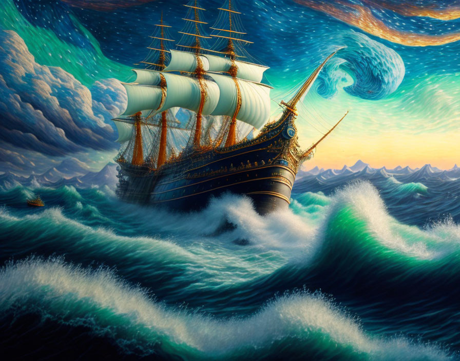 Ornate sailing ship on emerald-green waves under Van Gogh-inspired sky