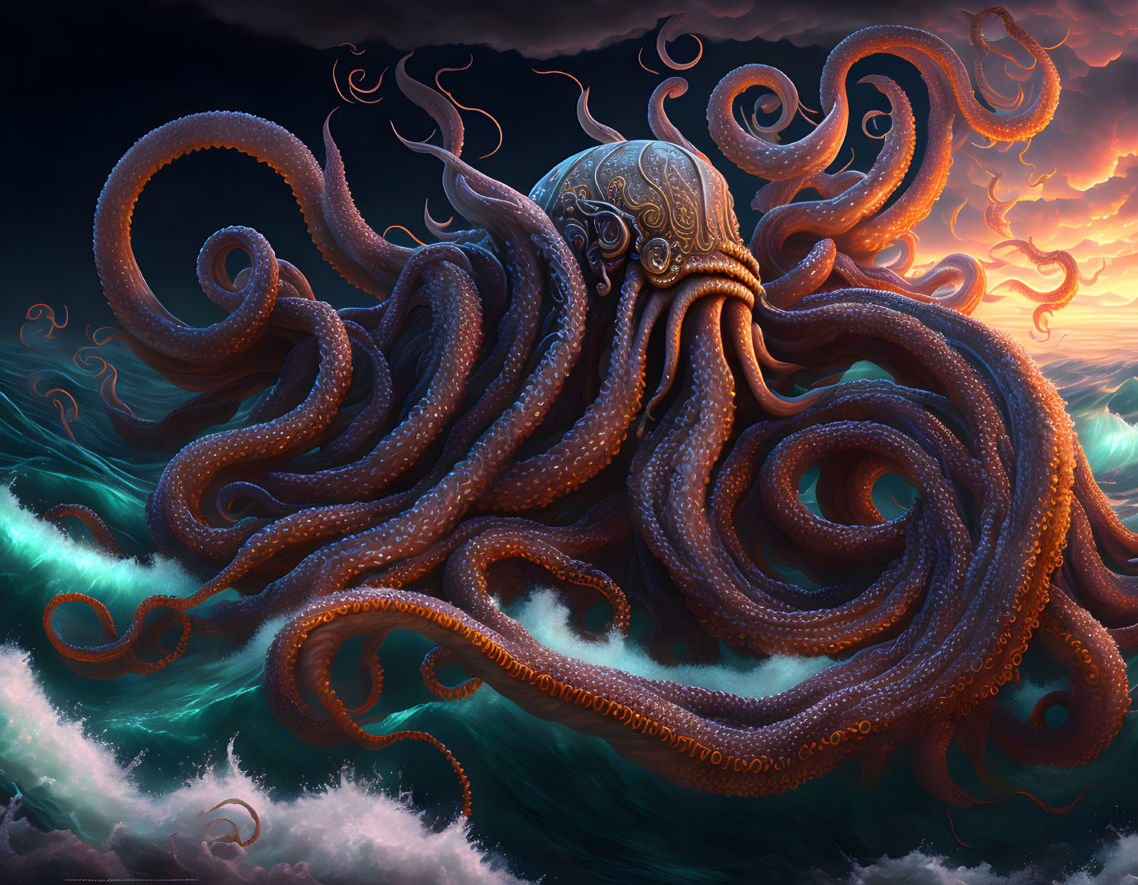 Giant Octopus Emerges from Turbulent Ocean Waves at Sunset