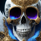 Digital artwork of skull with golden mask and blue feathers on black background
