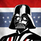 Darth Vader in suit with striped tie on American flag backdrop