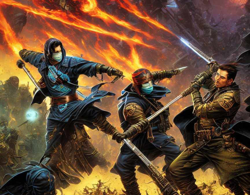 Ninja warriors with swords in fiery battle against undead soldiers