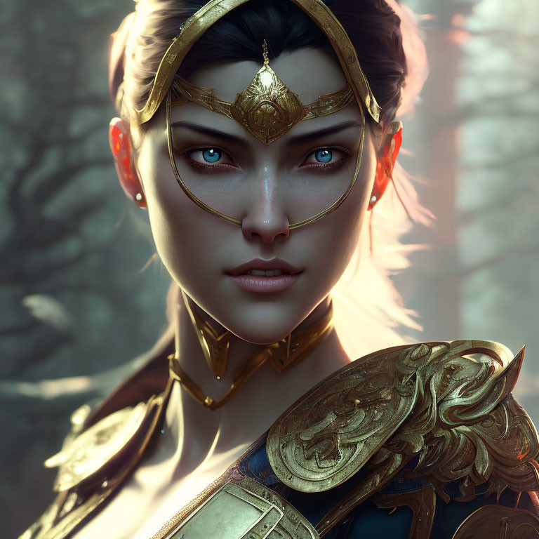 Female warrior digital artwork with golden armor and intricate details.