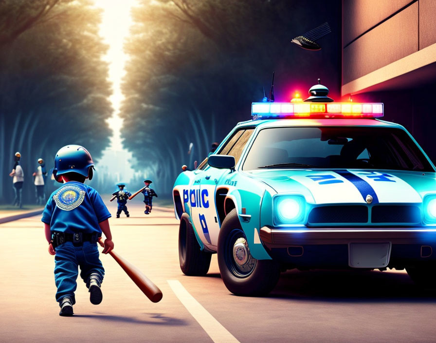 Children in police and other costumes by classic police car
