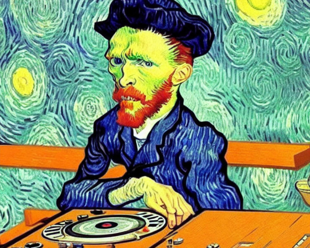 Stylized image: Van Gogh's self-portrait meets modern DJ setting
