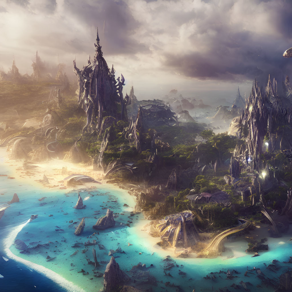 Mystical landscape with towering spires and luminescent waters