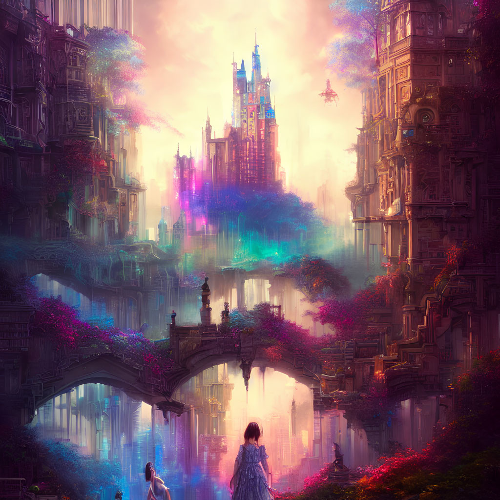 Fantasy cityscape with towering buildings, castle, river, bridge, and figure.