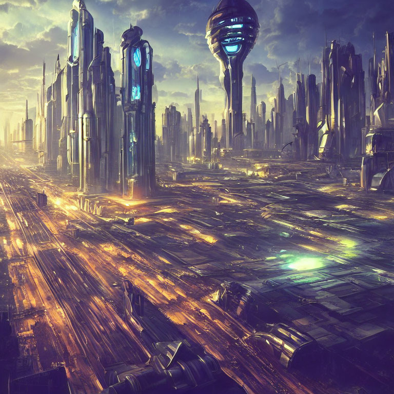 Futuristic cityscape with towering skyscrapers and glowing streets